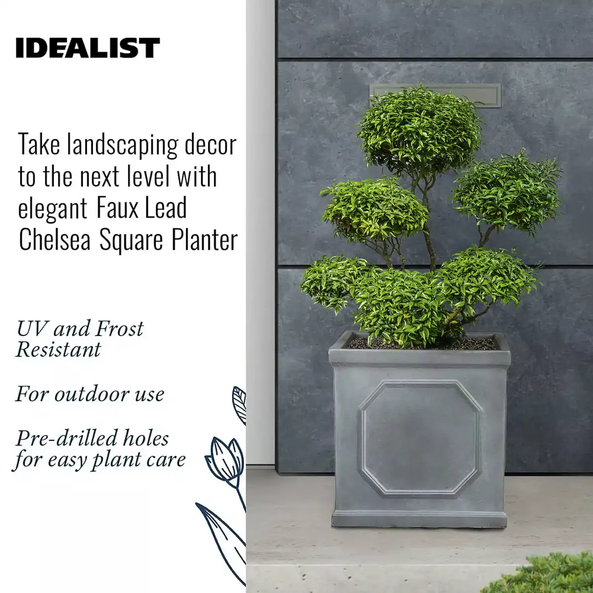 IDEALIST Lite Chelsea Flower Box Square Garden Planter, Faux Lead Grey Light Stone Outdoor Large Plant Pot W45 H45 L45 cm, 91L - Image 4