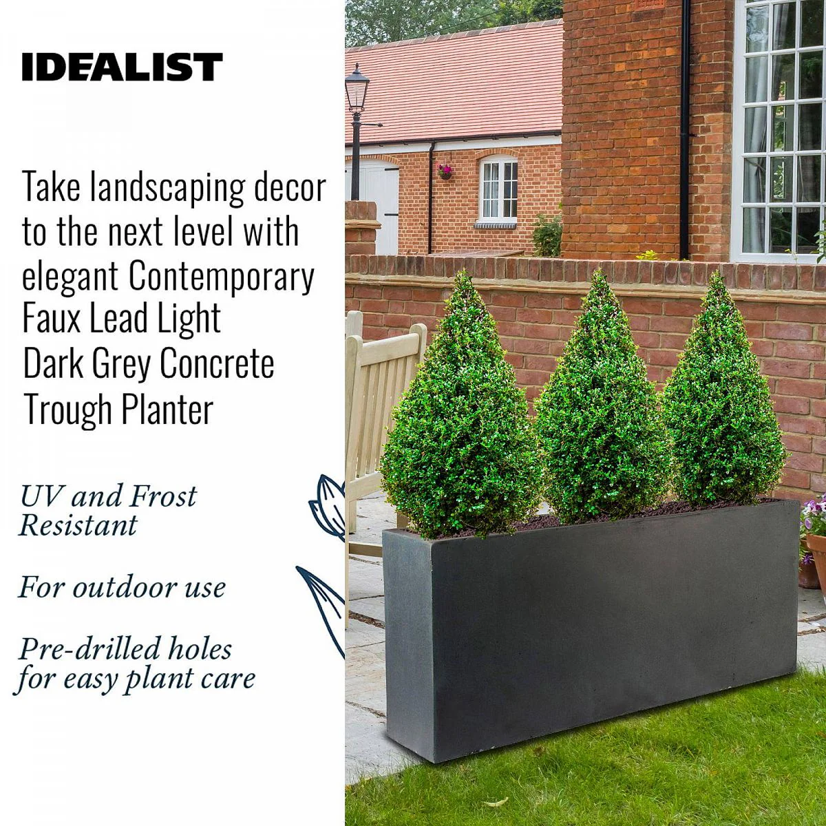 IDEALIST Lite Contemporary Trough Garden Planter, Faux Lead Light Concrete Outdoor Large Plant Pot H41 L85 W26 cm, 91L - Image 3