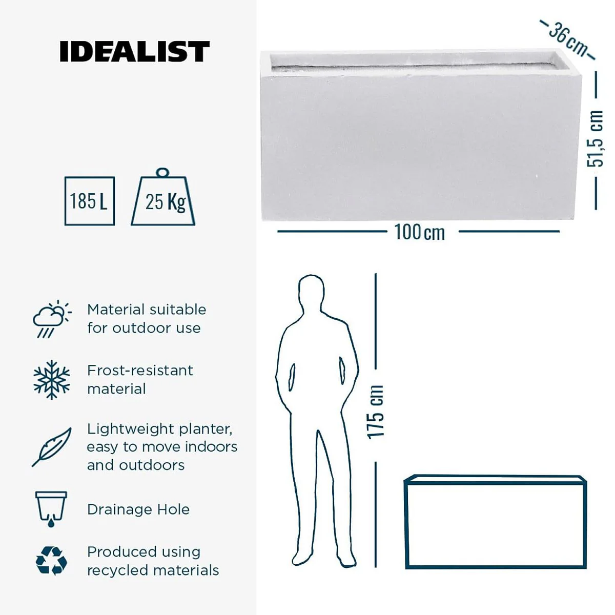 IDEALIST Lite Contemporary Trough Garden Planter, Light Concrete Outdoor Large Plant Pot H51.5 L100 W36 cm, 185L - Image 3