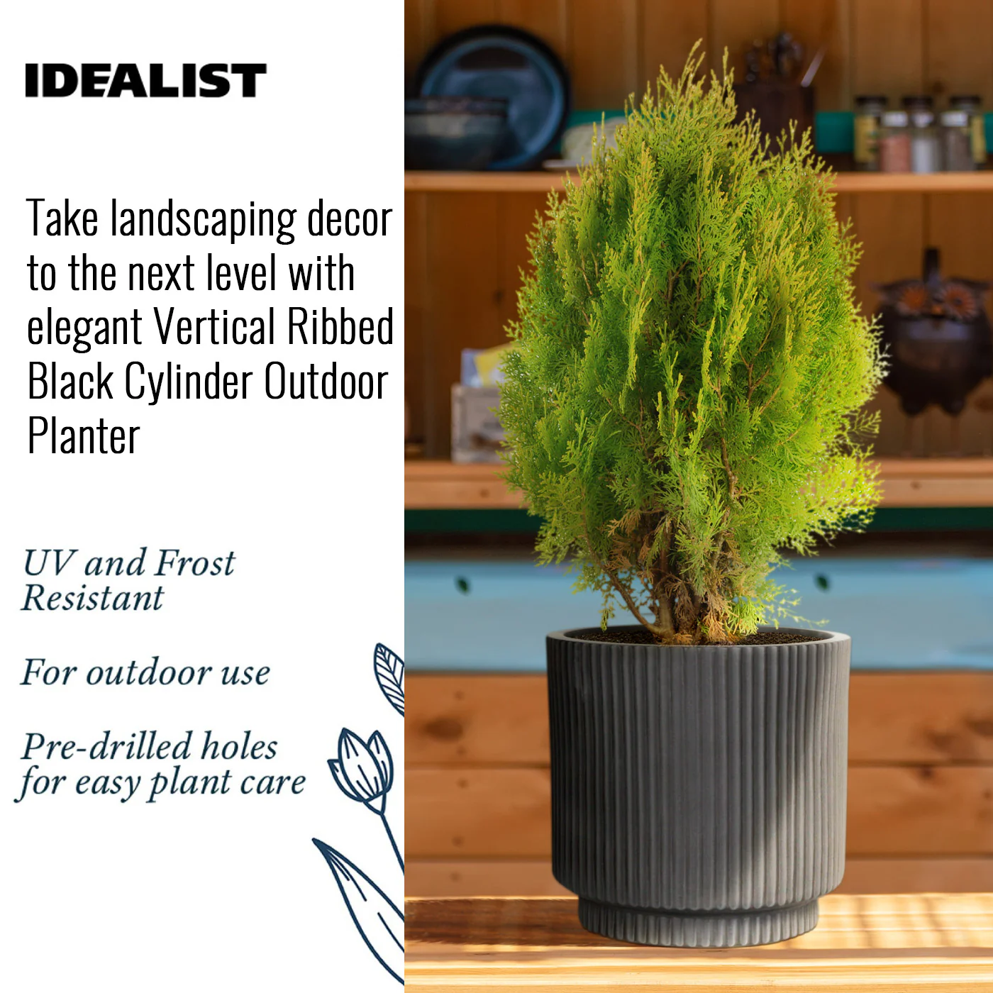 IDEALIST Lite Vertical Ribbed Black Cylinder Outdoor Planter - Image 5