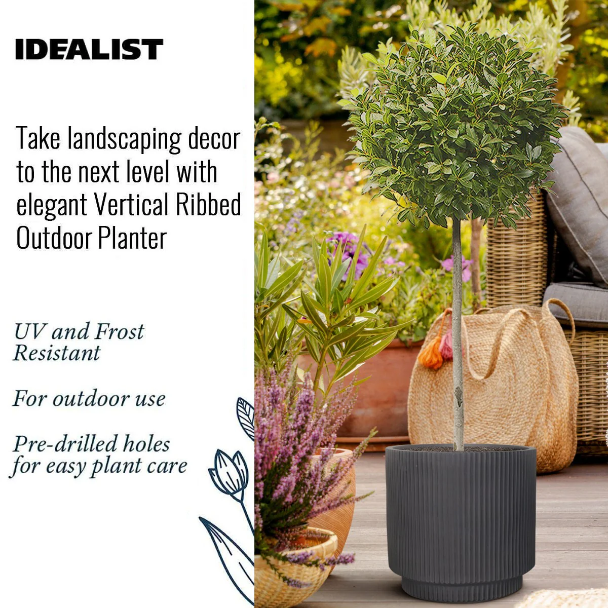 IDEALIST Lite Vertical Ribbed Black Cylinder Outdoor Planter - Image 8